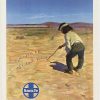 Original “Santa Fe ALL THE WAY” vintage Santa Fe railway poster c. 1948 showing a little Indian boy writing “Santa Fe All The Way” in desert sand with a train rushing by in the background, archival linen backed and ready to frame.
