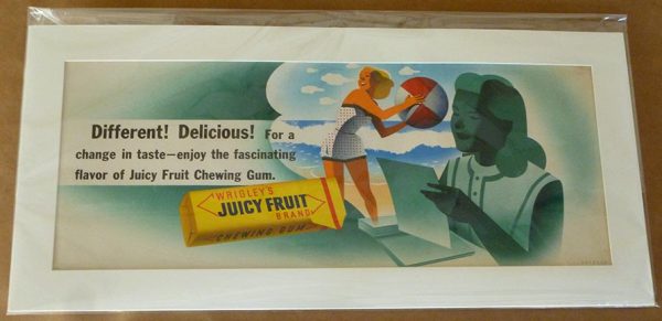 Rare circa 1945 offset-lithograph poster by Otis Shepard for Wrigley's Juicy Fruit Gum, featuring cheerful girl with beach ball against turquoise ocean and sky, woman enjoying gum in foreground, yellow Juicy Fruit package, horizontal beach leisure composition; original Catalina Island campaign artist, conservation-mounted, investment-grade vintage advertising ephemera.