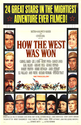 Vintage western poster with the large title “HOW THE WEST WAS WON” centered, the text “24 Great Stars in the Mightiest Adventure ever Filmed!” at the top, multiple actor headshots arranged around the layout, and a western cast/credits block in the middle.