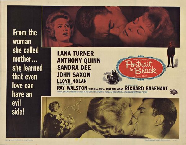 1960 U.S. half-sheet movie poster for Portrait in Black featuring Lana Turner and a noir-style collage with cast names, printed in a vintage National Screen Service design, unbacked with original fold marks.