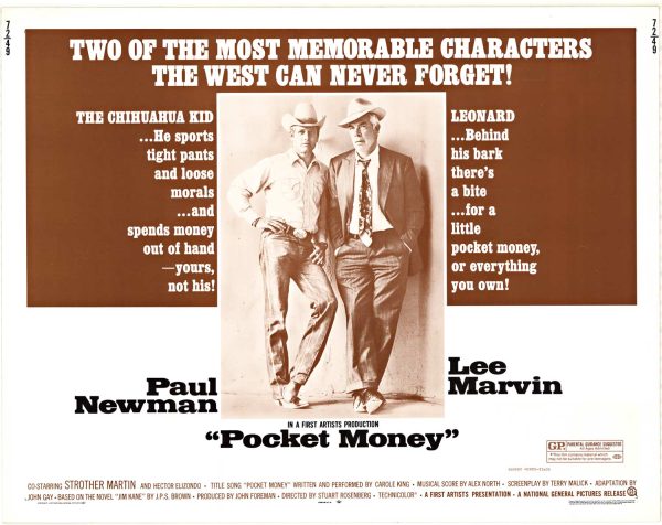 1972 U.S. half-sheet movie poster for Pocket Money starring Paul Newman and Lee Marvin, directed by Stuart Rosenberg, with taglines about memorable Western characters and a lower-left rating snipe covering prior GP notice, original lithograph style.
