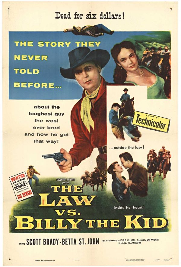 Vintage 1954 one-sheet style movie poster for The Law vs. Billy the Kid, featuring Western artwork with a cowboy (Scott Brady as Billy the Kid) in the foreground, bold title text “THE LAW VS. BILLY THE KID,” and “Technicolor” branding, described as archival linen backed with original fold marks restored and ready to frame; marked NSS 54/290.