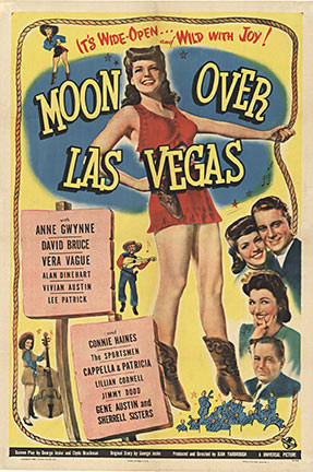 Vintage illustrated movie one-sheet poster for “Moon Over Las Vegas,” featuring a central pin-up style figure and period artwork with cast names on a theatrical display background; linen backed and ready to frame.