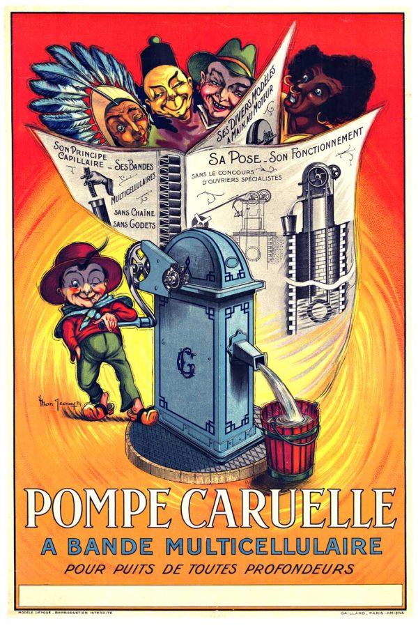 Original 1924 French vintage poster advertising Pompe Caruelle water pump, featuring young boy demonstrating one-handed operation in orange and red flame background, surrounded by figures representing global cultures and ethnicities, artist Marcel Jeaune, stone lithograph printed by Gaillard Paris, linen-backed, 15.5" x 23.25", very fine condition.