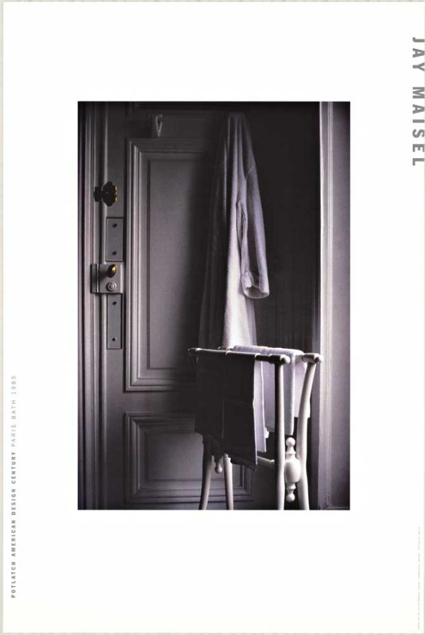 Authentic 1999 Jay Maisel Paris Bath lithograph poster featuring minimalist dark interior with clothing and blind embossed Potlatch seal on velvet paper