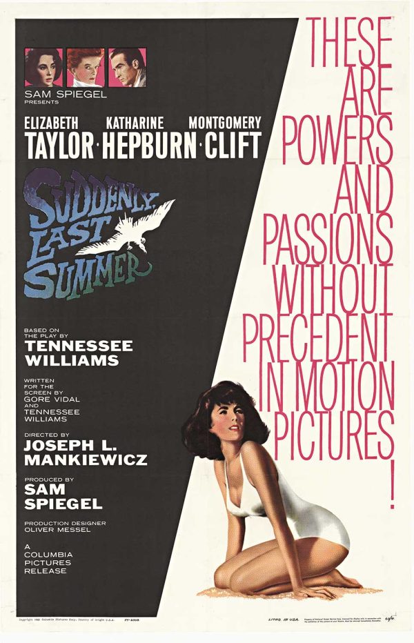 Suddenly Last Summer 1960 original 27x41 one-sheet poster featuring Elizabeth Taylor, Katharine Hepburn, and Montgomery Clift, offset lithograph, linen-backed, excellent condition