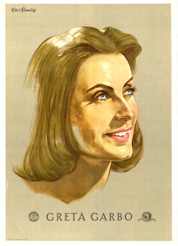 940s Greta Garbo portrait poster by Kurt Glombig, European format, featuring a softly painted upward-looking profile against a neutral background.
