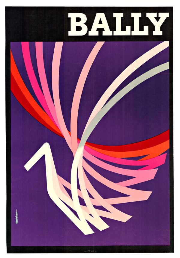 "Original 1981 Bally women's shoe poster by Jacques Auriac—kinetic modernist lithograph with flowing pink, white, and crimson ribbons on purple background, linen-backed, very good condition"