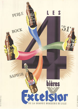 Rare 1930 Sogno Bieres Excelsior lithograph poster featuring four Belgian beers from Grand Brasseries de Lille. Original linen-backed, excellent condition, 45.5" x 62".
