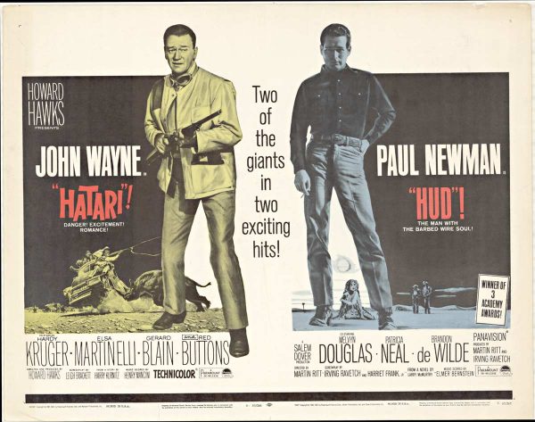 Hatari!” / “Hud” combo original half-sheet movie poster (Paramount, R-1967) featuring John Wayne and Paul Newman, with the titles “Hatari!” and “Hud” and the cast and director credits.
