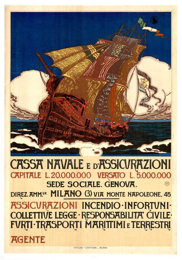 Authentic original 1920s Cassa Navale e d'Assicurazioni Italian naval insurance lithograph poster featuring a sailing schooner in rough seas by Chiattone Milano printer