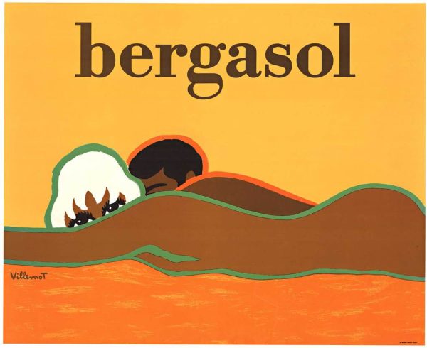 Vintage Bergasol suntan product poster by French graphic artist Bernard Villemot, 1974 offset-lithograph; features a stylized female figure in warm earth tones and yellow against a simplified landscape with contrasting body outline and bold modernist color palette.