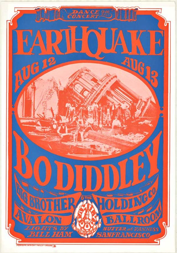 Bo Diddley Earthquake vintage concert poster featuring large red “EARTHQUAKE” text and “BO DIDDLEY” at top, with Avalon Ballroom date information and psychedelic lineup artwork, designed by Kelly and Mouse