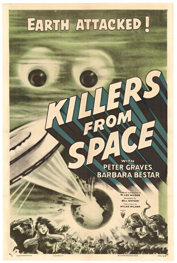 RKO Pictures vintage theater poster titled “KILLERS FROM SPACE,” featuring the words “PETER GRAVES” and “BARBARA BESTAR” and a large science-fiction themed composition with bulb-eyed alien creatures and flying saucer imagery above, with additional film credit text on the lower right and smaller billing/cast details in the margins.