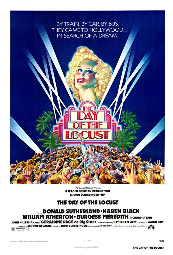 1975 The Day of the Locust U.S. one-sheet poster by David Edward Byrd, featuring a glamorous blonde figure above a frenzied crowd with Art Deco marquee and radiant beams.