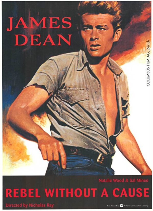 1955 Unknown (studio-issued) Rebel Without a Cause poster, original Swiss film poster featuring James Dean in a high-contrast composition with warm orange backdrop and bold “DEAN” typography.