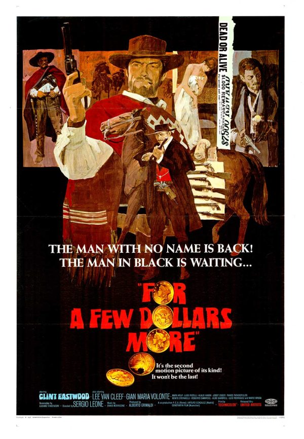 This U.S. one-sheet presents a dynamic, collage-like composition set against a deep black ground, where fragmented vignettes unfold across the upper register like scenes glimpsed through memory. At center, Clint Eastwood stands in his iconic hat and poncho, rendered in warm earth tones and sharply outlined against the darkness, his revolver angled downward in a moment of poised restraint. Behind and around him, narrative panels—gunmen, interiors, and dueling figures—are arranged in a painterly montage, their ochres, siennas, and dusty reds evoking the arid landscapes of Leone’s West. The typography anchors the lower half: the title FOR A FEW DOLLARS MORE appears in bold red block letters, punctuated by a target motif that reinforces the film’s themes of pursuit and precision. The design reflects the transitional visual language of late-1960s American advertising for Spaghetti Westerns, blending European-influenced illustration with a more direct, market-driven emphasis on star presence. While Italian posters for the film often favor heightened drama and graphic exaggeration, this U.S. version adopts a more structured montage format, balancing character iconography with narrative suggestion. The result is both cinematic and legible, translating Leone’s operatic style into a format accessible to American audiences while retaining a degree of painterly sophistication. As the U.S. release poster for the second installment in Leone’s celebrated “Man with No Name” trilogy, this piece holds enduring appeal. Its association with Clint Eastwood’s defining role, combined with its classic one-sheet format and strong visual identity, secures its place as a cornerstone collectible within the Spaghetti Western canon. Condition Professionally archival linen-backed with original fold lines expertly restored. Very good to excellent condition, showing only minor age-related wear. Colors remain rich and well-saturated, with a clean, stable presentation suitable for display. Authentication This poster is guaranteed authentic. Accompanied by a Certificate of Authenticity. Issued by an IVPDA-certified dealer.