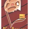 Kodavox vintage poster lithograph by Lantelme showing a large magnetic recording tape spool shaped like a face looking down over Kodak packaging, in bright red and yellow art deco style design.