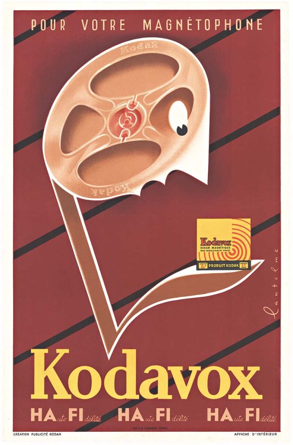 Kodavox vintage poster lithograph by Lantelme showing a large magnetic recording tape spool shaped like a face looking down over Kodak packaging, in bright red and yellow art deco style design.