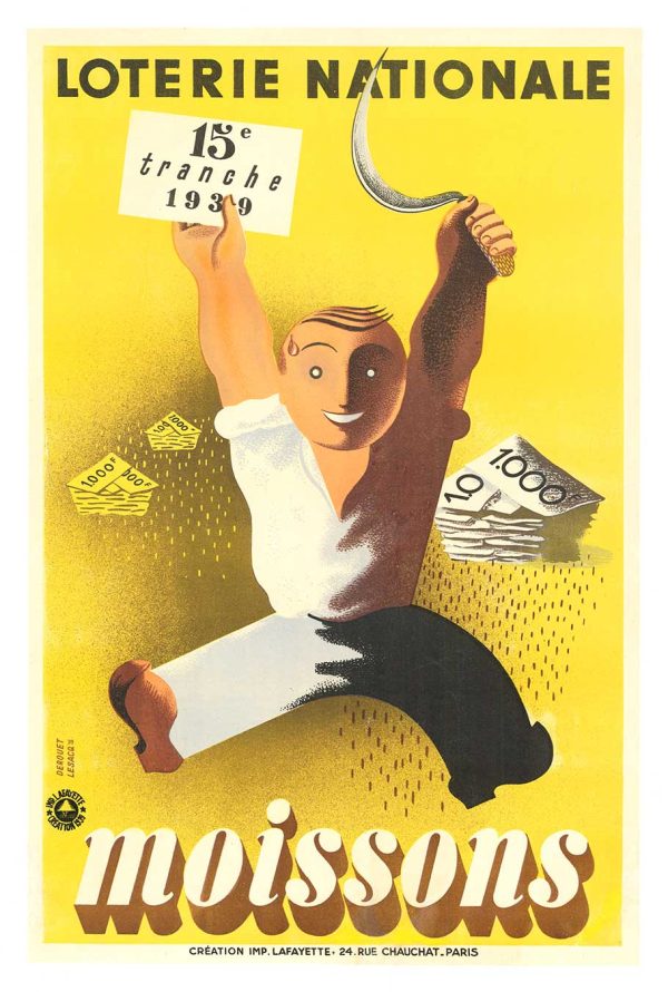 Derouet Lesacq Moisson 1939 original lithograph lottery poster featuring jubilant farmer holding winning ticket, linen-backed, excellent condition, A- grade