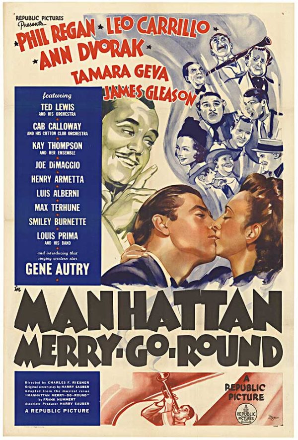 MANHATTAN MERRY-GO-ROUND (1937) original U.S. one-sheet movie poster; linen backed; starring Jackie Gleason, Gene Autry, Leo Carrillo, Louie Prima, and Cab Calloway; 27" x 41".