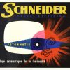 Striking 1960 French television poster featuring a blazing sun bursting from a television tube, advertising Schneider's Fotomatic brightness and clarity technology in bold mid-century modernist design.