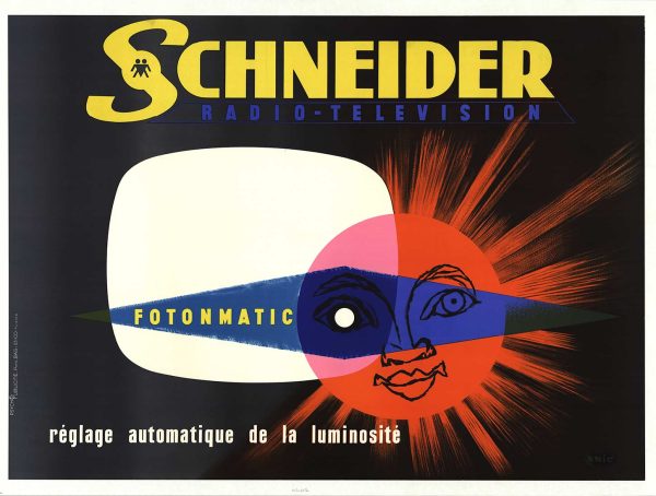 Striking 1960 French television poster featuring a blazing sun bursting from a television tube, advertising Schneider's Fotomatic brightness and clarity technology in bold mid-century modernist design.