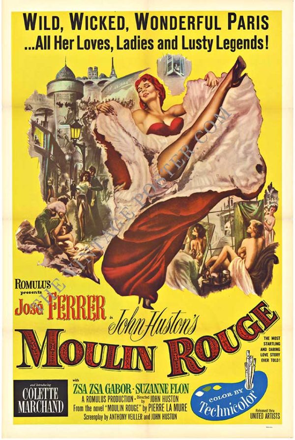 MOULIN ROUGE (1952) vintage movie poster with “José Ferrer” and “John Justin” text, Zsa Zsa Gabor pictured, and the large title “MOULIN ROUGE” in red letters over a lively Paris cabaret illustration