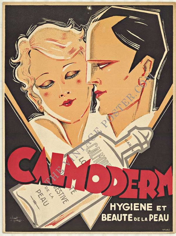 Original c. 1920s–1930s French vintage poster advertising Calmodern skin cream, featuring Art Deco profile of elegant woman and man in intimate composition against dark background with red lettering, signed by artist (signature illegible), stone lithograph, small format 9.25" x 12.25", text reads "Hygiene et Beauté de la Peau" (Hygiene and Beauty of the Skin).