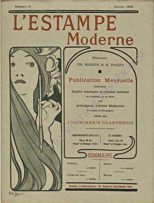 Original 1898 color lithograph cover by Alphonse Mucha for L'Estampe Moderne, featuring an elegant art nouveau female profile with flowing hair integrated into organic foliage, rendered in muted greens and ochres. Publisher information integrated into the composition on the right side.