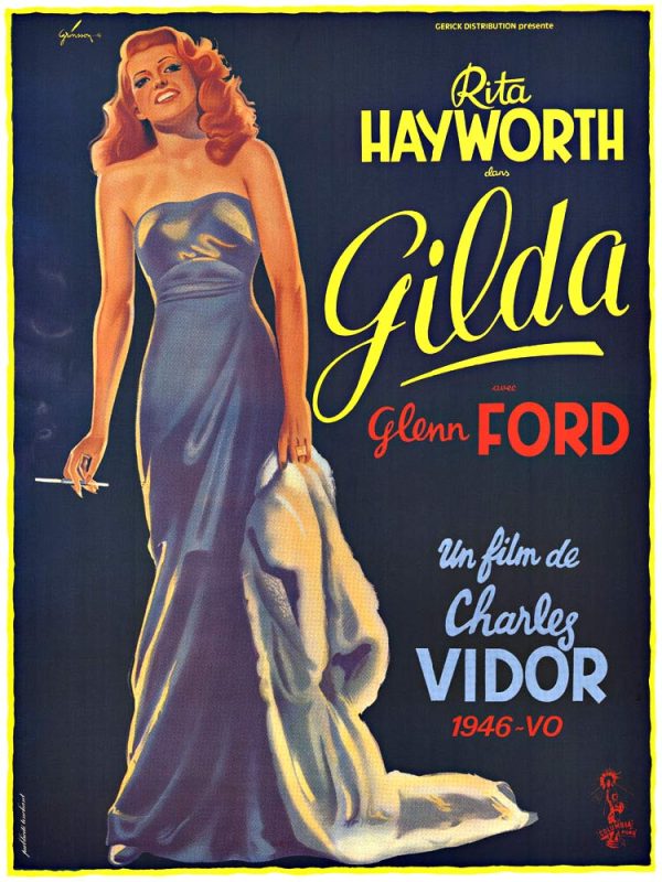 French poster Gilda by Boris Grinsson featuring Rita Hayworth in a sleek black gown against a dark background in a stylized film noir composition.