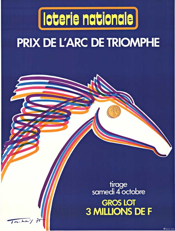 Touitoj Prix de l'Arc de Triomphe 1975 original lithograph lottery poster featuring psychedelic multicolored horse head design, linen-backed, excellent condition, A grade