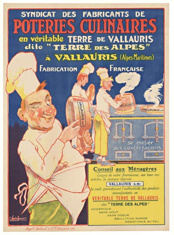 Original French vintage lithograph, circa 1930s: Eugène Vavasseur's "Poteries Culinaires" poster featuring jubilant professional chefs celebrating Vallauris stoneware cookware, hand-drawn caricature composition advertising terra de Vallauris clay cookware manufactured in Vallauris, Alpes-Maritimes, France; Imbert printer, Grasse; rare Belle Époque-to-Art Deco transitional commercial kitchen poster showcasing culinary heritage and French ceramics innovation—original stone lithograph, museum-quality condition, linen-backed conservation mount.