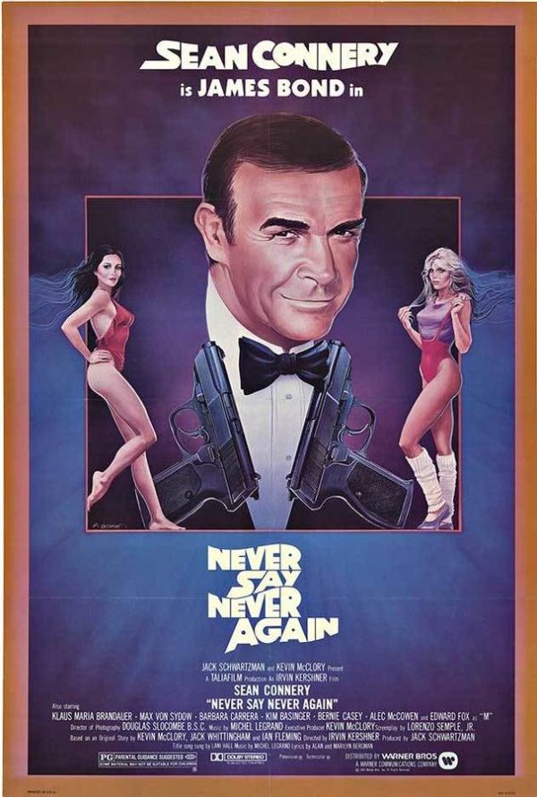 Vintage U.S. one-sheet poster for NEVER SAY NEVER AGAIN (1983), featuring James Bond (007) with Sean Connery, stylized imagery and silhouettes, with the title text “NEVER SAY NEVER AGAIN” at the bottom.