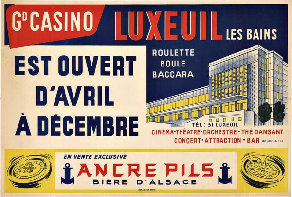 Original vintage Casino Luxeuil Les Bains poster 1930s French lithograph, authentic antique posters advertisement, linen-backed Ancre Pils beer design