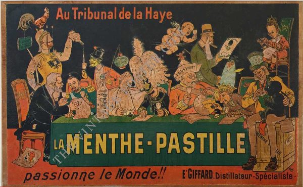 Eugene Oge La Menthe Pastille antique liqueur poster 1904, Tribunal de la Haye satirical figures, Uncle Sam, black baby, mint pastille bottle, Art Nouveau stone-lithograph advertisement
