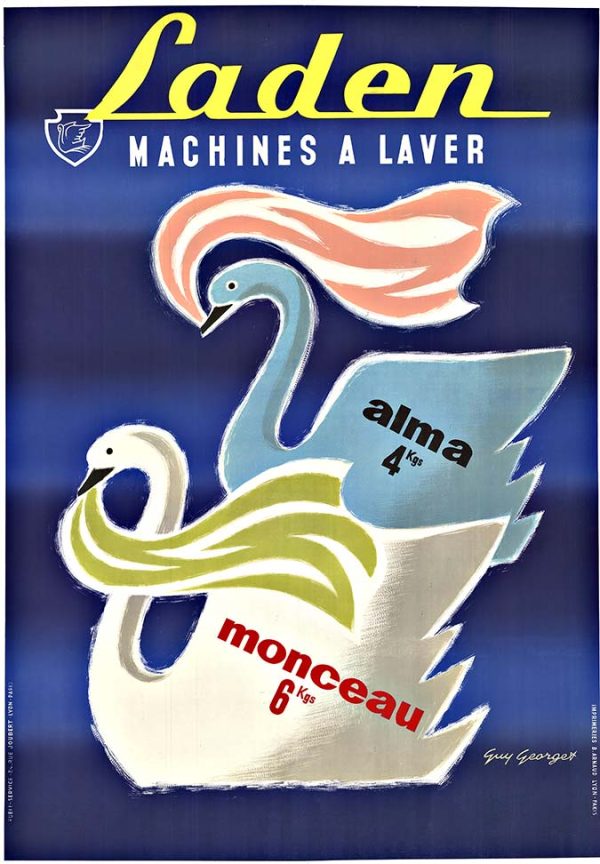 Elegant Art Deco lithograph featuring two graceful swans in white and pale blue rendered in fluid, sweeping curves against a deep navy background. The upper swan holds a peach and white striped ribbon-like towel in its beak; the lower swan displays yellow-green flowing fabric. Text reads "Machines à Laver," "alma," and "monceau" in red and blue typography. French text "Laden Machines à Laver" announces the product. Vertical format, sophisticated mid-century appliance advertising celebrating the freshness and elegance of clean textiles. 1950s French washing machine poster.