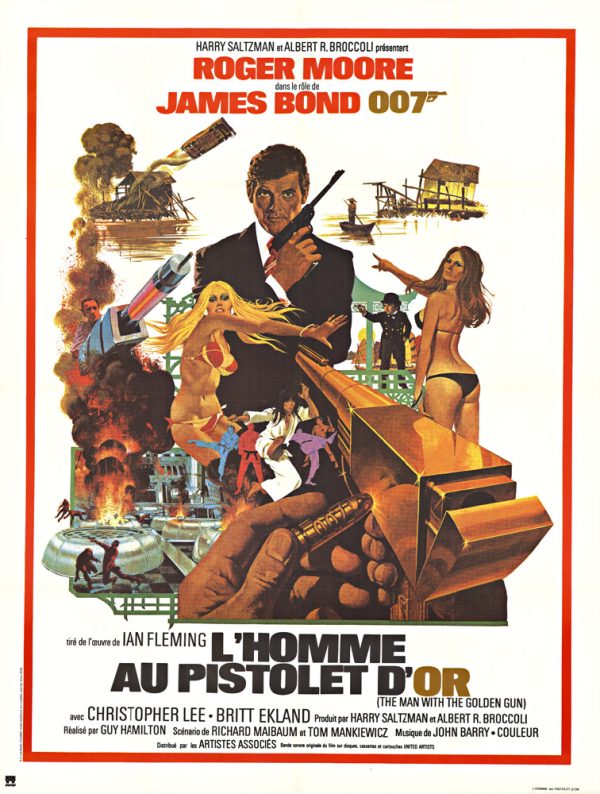 Original French movie poster for L’HOMME AU PISTOLET D’OR (The Man with the Golden Gun) (1974) featuring Roger Moore as James Bond, Christopher Lee, Britt Ekland, Hervé Villechaize, and Maud Adams; acid-free linen backed; ready to frame.