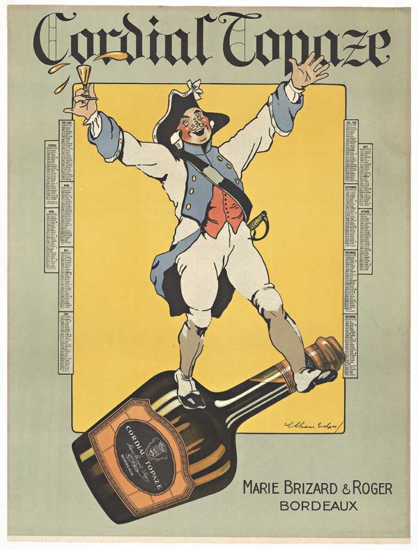 Cordial Topaze 1924 French lithograph poster, Marie Brizard Roger, patriotic Frenchman on bottle, original vintage liquor advertisement