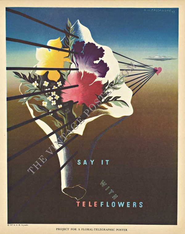 A. M. Cassandre, vintage poster, 1937 Art Deco, teleflowers, letterpress, linen-backed poster, original vintage lithograph, Art Deco floral design, airplane illustration, commercial art, collectible poster, rare Cassandre design, hand profile, botanical illustration, Fortune Magazine 1937