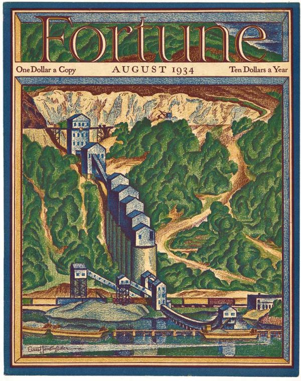 Original 1934 Fortune Magazine cover by Ernest Hamlin Baker depicting an aerial view of a mining and industrial complex in a mountainous landscape with tower and railroad infrastructure, linen-backed gravure print, 11.25 by 14 1/8 inches