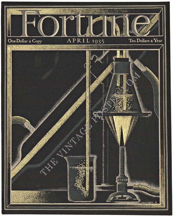 Original 1935 Fortune Magazine cover by John Cosgrave II featuring Art Deco chemistry laboratory apparatus in sophisticated two-tone composition; linen-backed gravure print in pristine condition