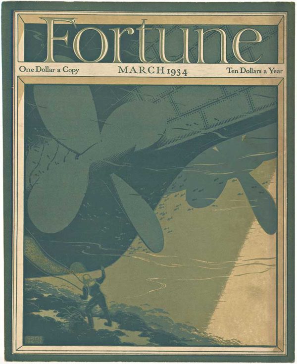 Original 1934 Fortune Magazine cover by Victor Beals featuring atmospheric undersea perspective with deep-sea diver inspecting large ship hull in dark blues and greens; linen-backed gravure print in excellent condition