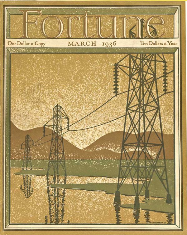 Original 1936 Fortune Magazine cover by John Cosgrave II featuring Art Deco electric transmission towers under dramatic cloudy skies; linen-backed gravure print in excellent condition