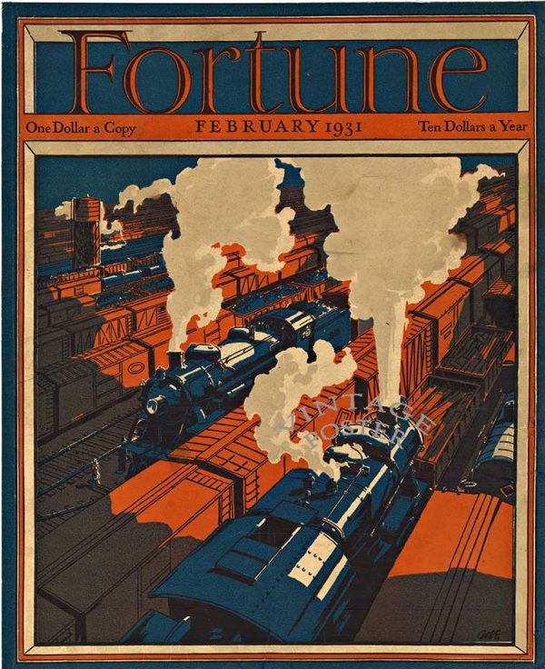 Original 1931 Fortune Magazine cover by Neal Bose featuring vibrant Art Deco railway yard with locomotives, cattle cars, and trains in dynamic composition; linen-backed gravure print in excellent to mint condition
