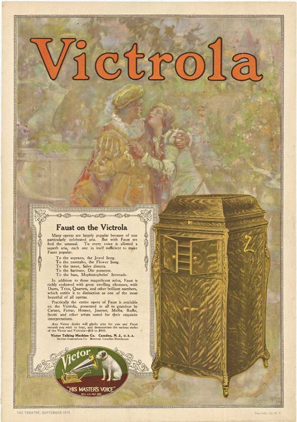 Original 1916 Victrola Victor Talking Machine advertisement featuring theatrical love scene and ornate cabinet models, linen-backed offset-lithograph, His Master's Voice branding