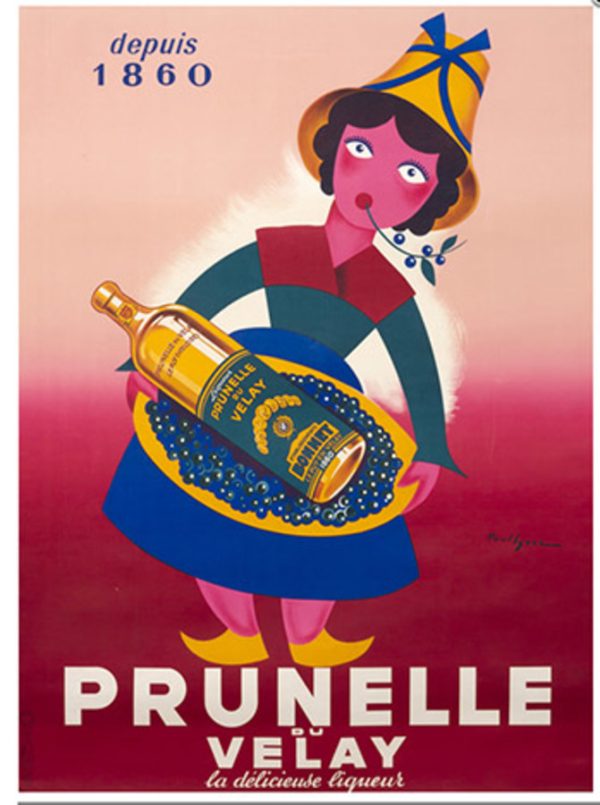 c.1950 Prunelle du Velay French liqueur poster by Paul Igert, vintage advertising lithograph featuring woman with bottle and twig