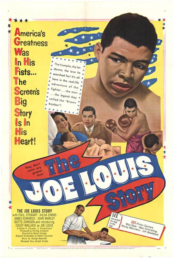 Vintage United Artists one-sheet movie poster for The Joe Louis Story (1953), size 27" x 41", with the title “THE JOE LOUIS STORY” in bold stylized lettering, patriotic star background elements, and period boxing-themed artwork and人物 portraits, described as archival linen backed with original theater fold marks