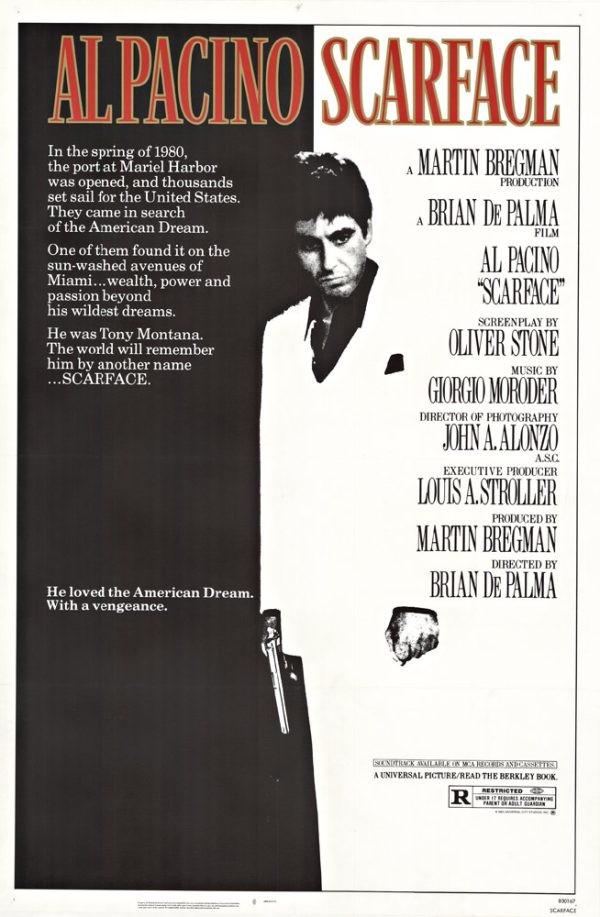 Original Scarface (1983) movie poster one-sheet featuring Al Pacino as Tony Montana, with Michelle Pfeiffer and director Brian De Palma credits on a folded vintage theater poster.