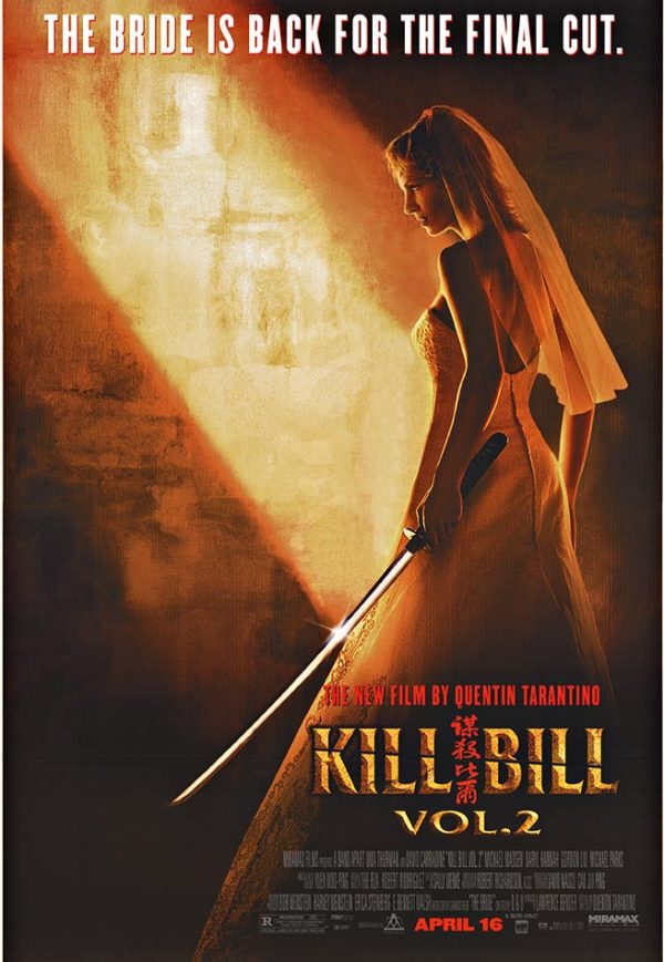 Theatrical “KILL BILL” poster with “VOL. 2” on the right, a woman in a wedding dress in profile holding a long sword angled downward, warm smoky/sunlight lighting in the background, and bold stylized title typography near the bottom.